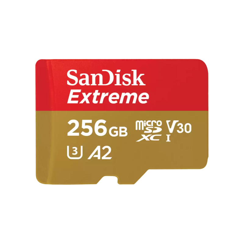 SanDisk Extreme. Capacity: 256 GB, Flash card type: MicroSDXC, Flash memory class: Class 10, Internal memory type: UHS-I, Read speed: 190 MB/s, Write speed: 130 MB/s, UHS Speed Class: Class 3 (U3), Video Speed Class: V30. Product colour: Gold, Red