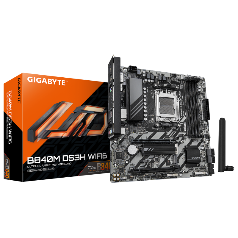Placa de Baza GIGABYTE B840M DS3H WIFI6 AM5, 4x DDR5, 1x HDMI 2x DP, 1x PCIE 4.0 x16 1x PCIE 3.0 x16, 2x M.2, 4x SATA 6GB/s, mATX