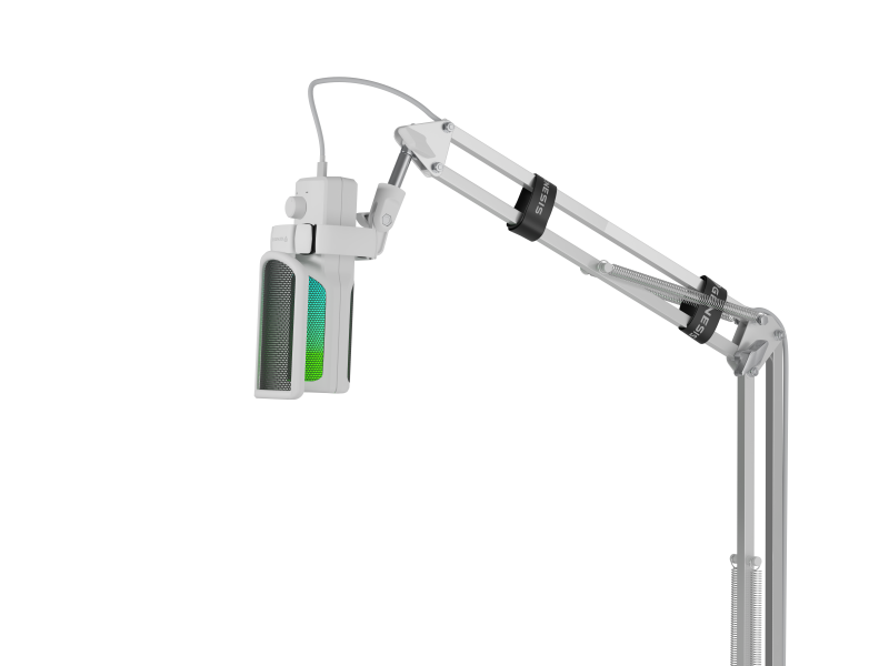 Brat cu microfon Genesis Radium 251, tip Condenser, model cardioid, suport fix, conectivitate USB-C, raspuns in frecventa 50 - 16.000 Hz, sensibilitate 40 dB, lungime cablu 200 cm, alb
