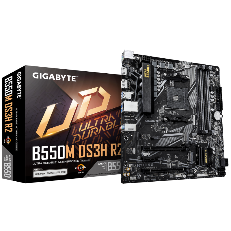 Placa de Baza GIGABYTE B550M DS3H R2 AM4, 4x DDR4, 1x DP 1x HDMI, 2x PCIE 4.0 x16 1x PCIE 3.0 x1, 2x M.2, 4x SATA 6GB/s, mATX