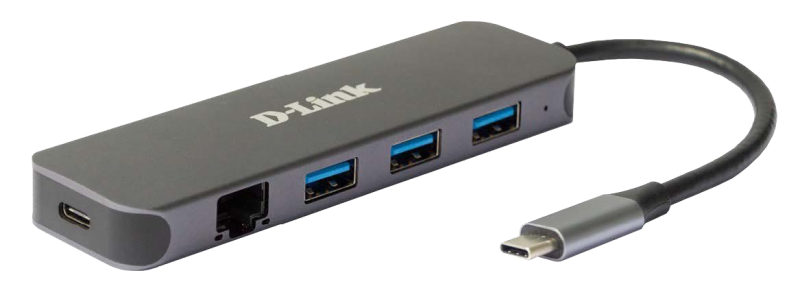 D-Link DUB-2334 5-in-1 USB-C Hub with Gigabit Ethernet and power delivery, 1* USB-C connector, 1* Gigabit Ethernet, 3* USB Type- APort (USB 3.0), 1* USB-C powerdelivery.