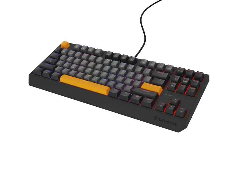 Tastatura gaming mecanica cu fir Genesis Thor 230 TKL, iluminare RGB, switch Linear, switch model Outemu Red, numar taste 87, 11 butoane multimedia, lungime cablu 1.6m, dimensiuni 363 x 155 x 39 mm, gri