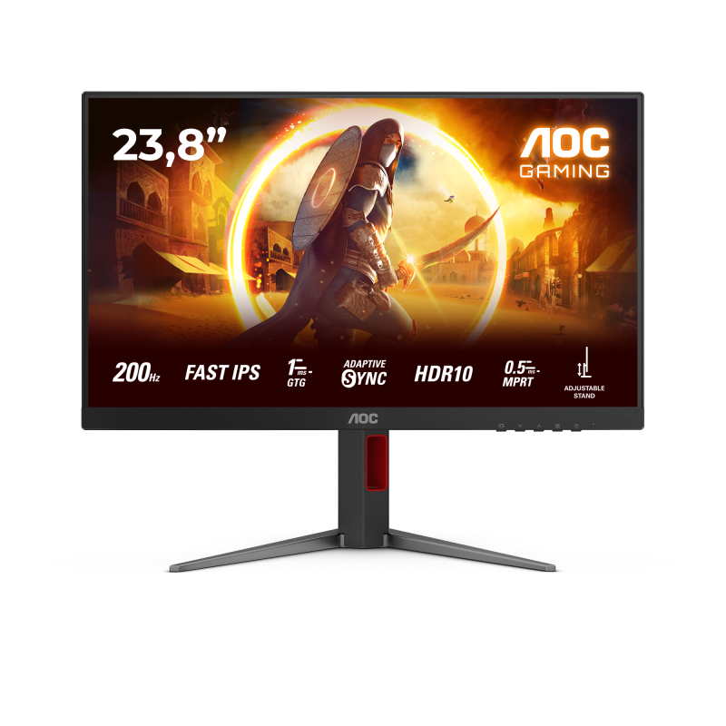 Monitor AOC 23.8" 24G4HA, Diagonal (inch): 23.8, Diagonal (cm): 60, Aspect ratio: 16:9, Panel: Fast IPS, Resolution: 1920x1080, Refresh Rate: 200Hz, Response time GtG: 1ms, Response time MPRT: 0.5ms, Brightness (max): 300 cd/m², Contrast (static) : 1000:1, Contrast (dynamic): 80M:1, Viewing angle