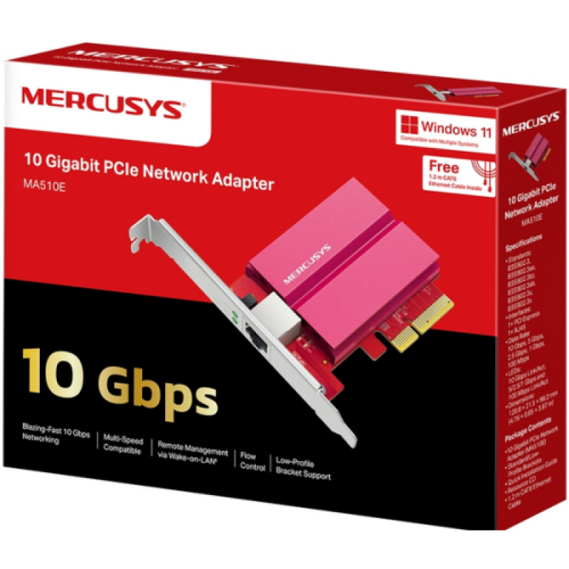 10 Gigabit PCIe Network Adapter SPEED: 10 Gbps SPEC: 1×RJ45, Full-Height Bracket/Low-Profile Bracket FEATURE: Multi-Speed Compatibility, Wake on LAN, Flow Control