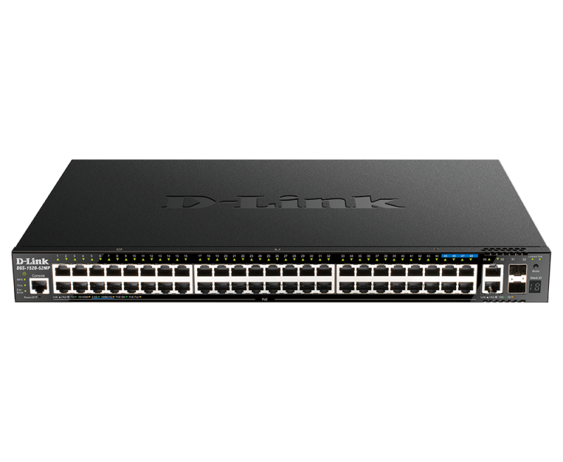 Switch D-Link DGS-1520-52MP, 48 porturi Gigabit, 2 porturi SFP+, Capacity 80Gbps, 16K MAC, 17" Rackmount, 1*fan