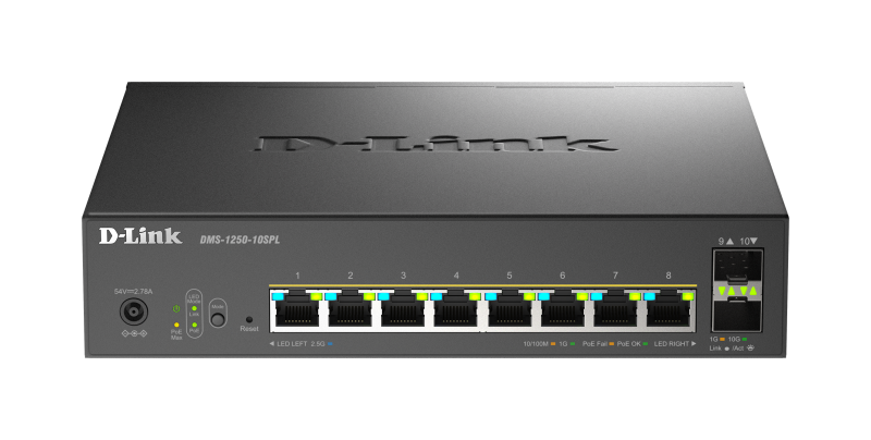 Switch D-Link DMS-1250-10SPL, 8 porturi Gigabit, 2 porturi SFP+, Protocol 802.3bt+802.3af/at, rackabil
