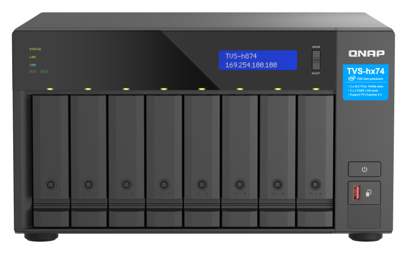 NAS QNAP H874 8-Bay, CPU Intel® Core™ i7 12-core 20-thread Processor, RAM 32GB (2x 16GB) DDR4 SODIMM (Max. 64GB), 8 x 2.5"/3.5" SATA 6Gbps + 2 x M.2 2280 NVMe HDD (neincluse), LAN: 2 x 2.5GbE (2.5G/1G/100M/10M), Tower, Single PSU, 350W, garantie 3 ani