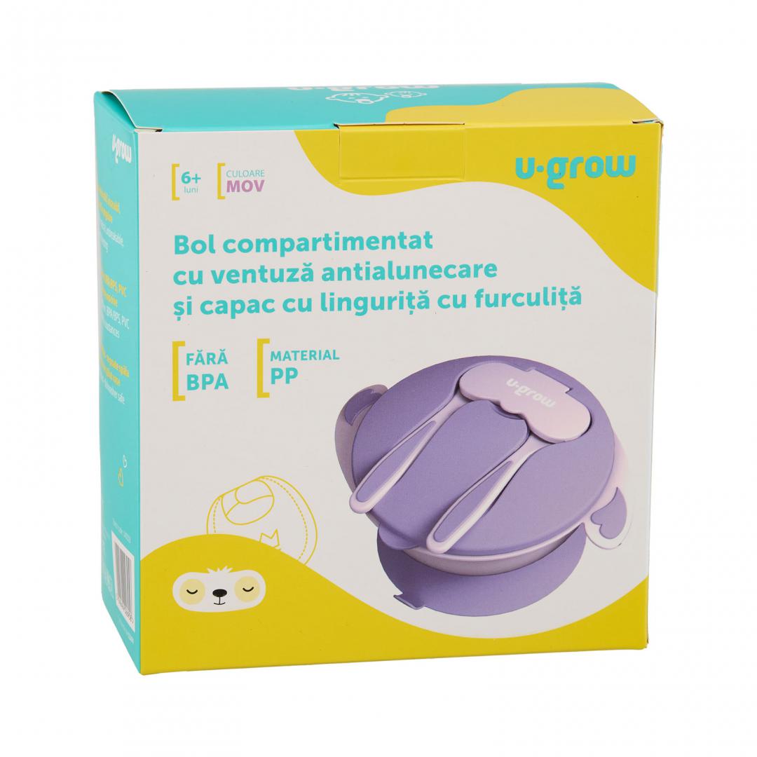 Bol compartimentat cu ventuza antialunecare si capac cu lingurita si furculita, mov, U-Grow