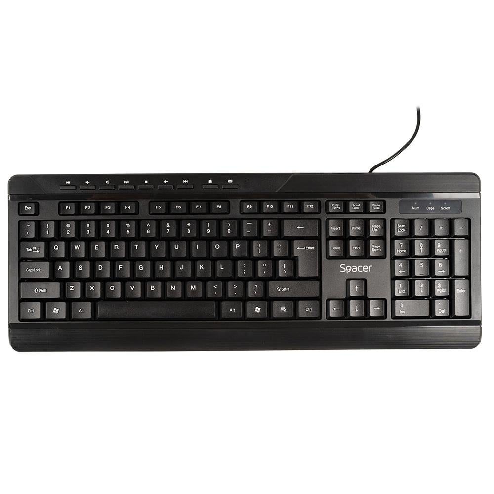 KIT Spacer, tastatura cu fir multimedia 104 taste (+ 9 taste multimedia) + mouse rezolutie max.1600dpi, 4 butoane, rotita scroll, negru