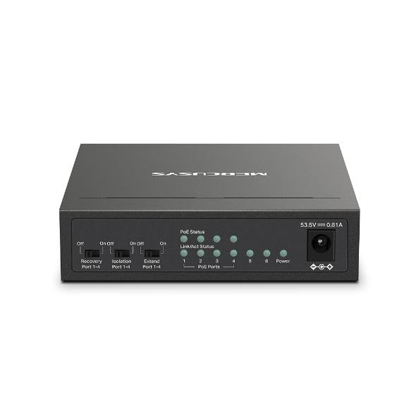 Mercusys Desktop Switch MS106LP 6 porturi 10/100Mbps, Standarde si protocoale IEEE 802.3x Flow Control, 4 porturi POE, buget POE 40W, dimensiuni: 99.8*98*25mm.