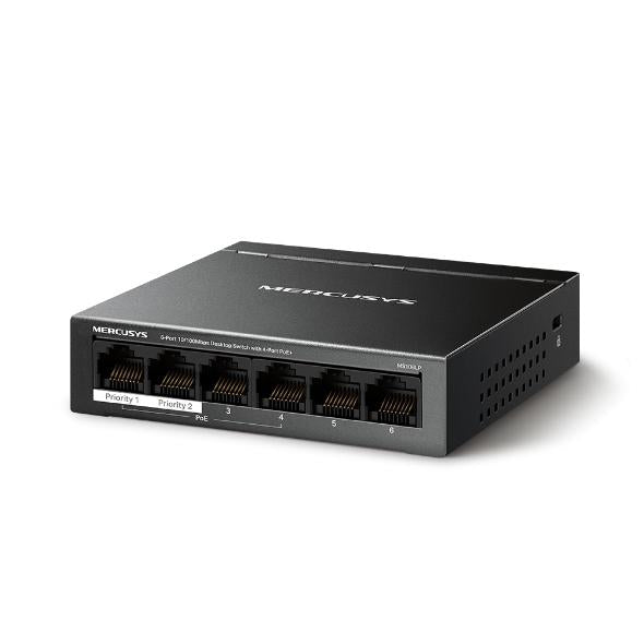 Mercusys Desktop Switch MS106LP 6 porturi 10/100Mbps, Standarde si protocoale IEEE 802.3x Flow Control, 4 porturi POE, buget POE 40W, dimensiuni: 99.8*98*25mm.