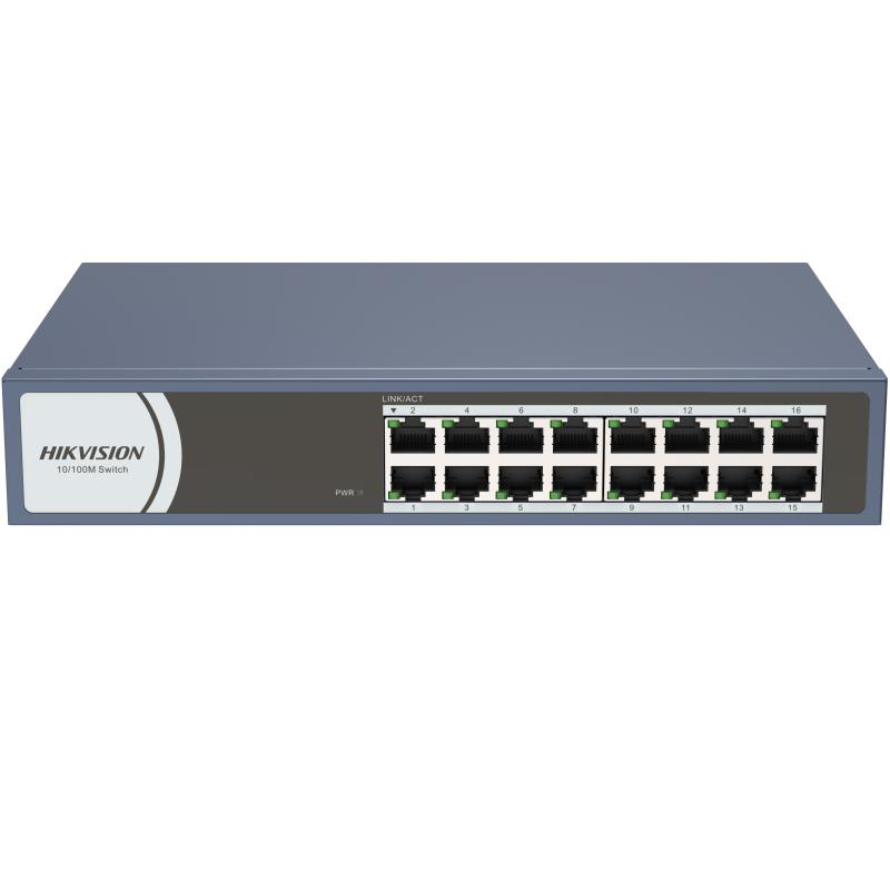 Switch Hikvision DS-3E0116R-O: 16 × 10/100 Mbps RJ45 Port, tensiune alimentare 220 VAC, 50/60 Hz, dimensiuni: 257..0 mm × 44.5 mm × 175.8 mm, greutate: 1.1kg, montare pe birou, in rack sau pe perete.