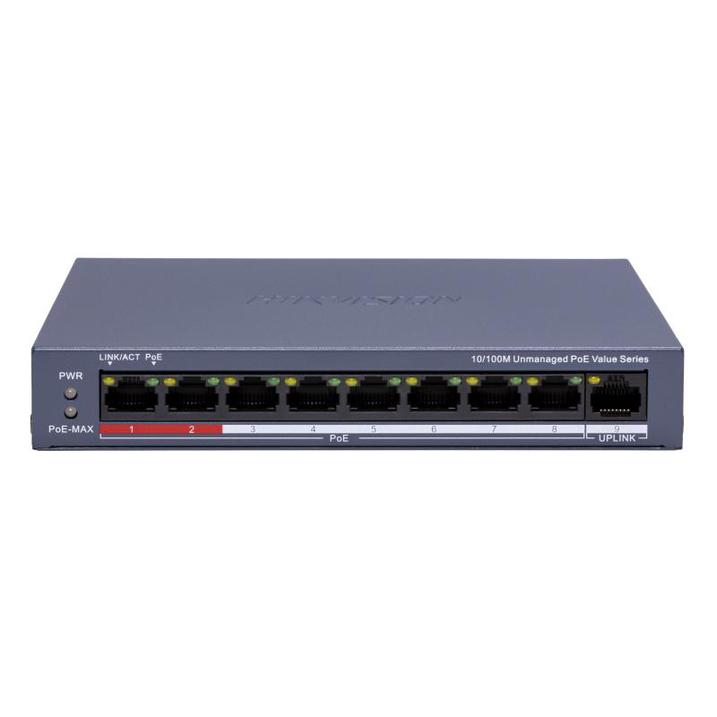 Switch POE 8 porturi Hikvision DS-3E0109P-E/M(C), fara management; 8 x 10/100 Mbps PoE port,1 × 10/100 Mbps RJ45 port, IEEE 802.3af;IEEE 802.3at, PoE power budget 80W, distanta transmisie: 300m;