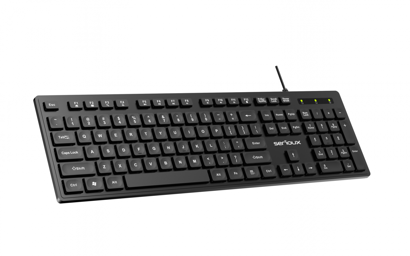 Tastatura Serioux cu fir, interfata USB, 104 taste, material ABS, US Layout, lungime cablu 1.5m PVC, dimensiuni 429*128*20mm; 416g, negru