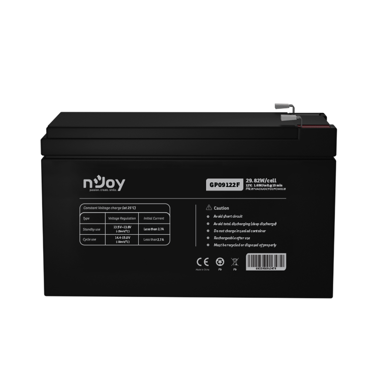 ACUMULATOR NJOY GP09122F 12V Tip VRLA AGM Terminale F2 Durata teoretica de viata in mod asteptare pana la 5 ani Cycle Use 14.4V-15.0V (-30mV/C), max. Current: 2.7A Float Use 13.5-13.8V (-20 mV/C) https://www.njoy.global/product/gp09122f?el=resources