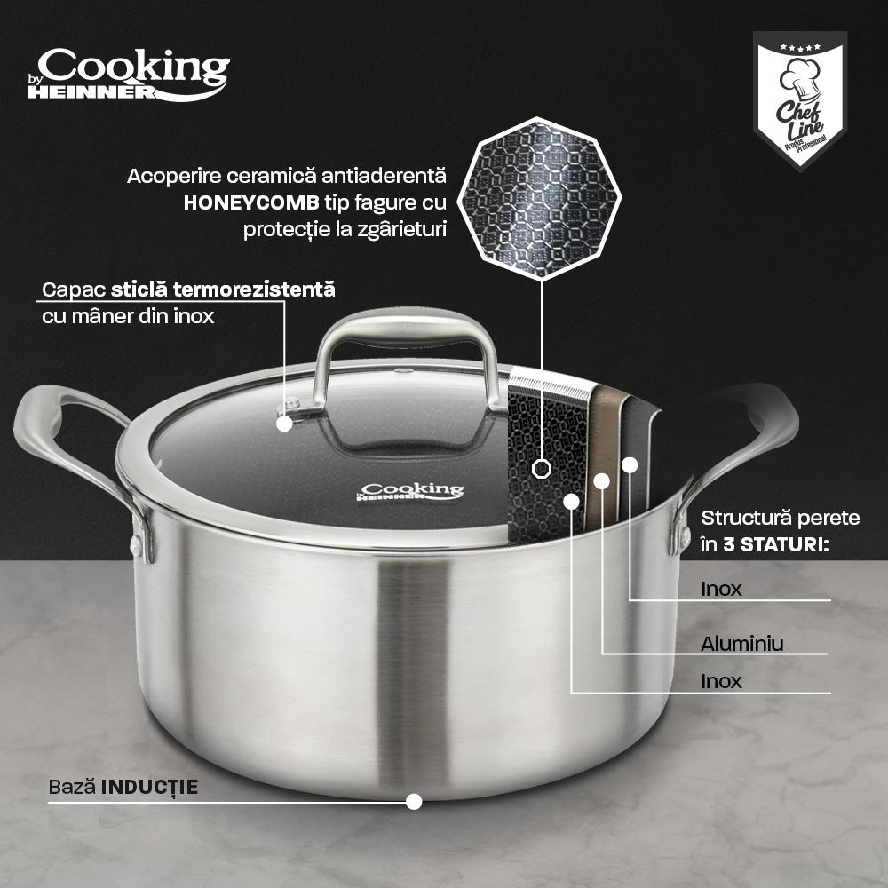 SEMIOALA INOX+CAPAC STICLA IN 3 STRATURI 28x13 CM, 7 L, TITANIUM3, COOKING BY HEINNER