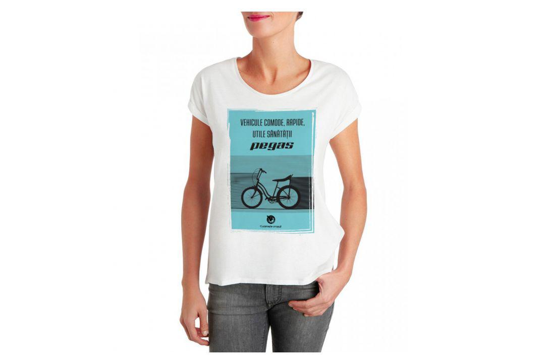 Tricou Pegas femei, model vehicule comode, rapide, utile sanatatii, marime M, culoare galben