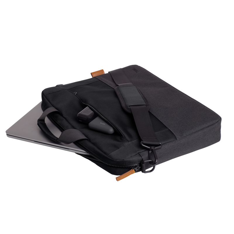 Geanta laptop Trust Lisboa, pentru laptopuri cu diagonala pana in 16",2 compartimente, material POM, RPET Polyester, RPET, volum 2.1 L, negru