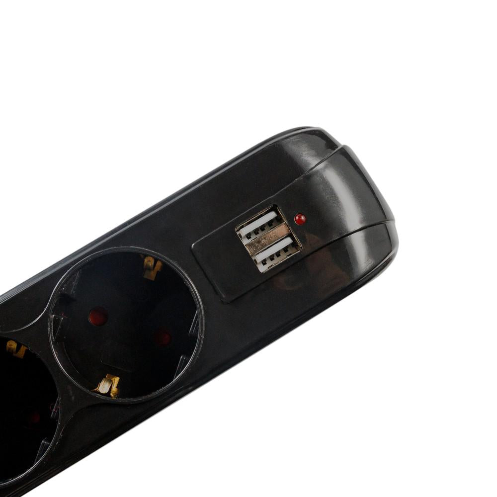 PRELUNGITOR SPACER, Schuko x 5, conectare prin Schuko (T), USB x 2, cablu 1.8 m, 16 A, max. 3500W, protectie supratensiune, negru