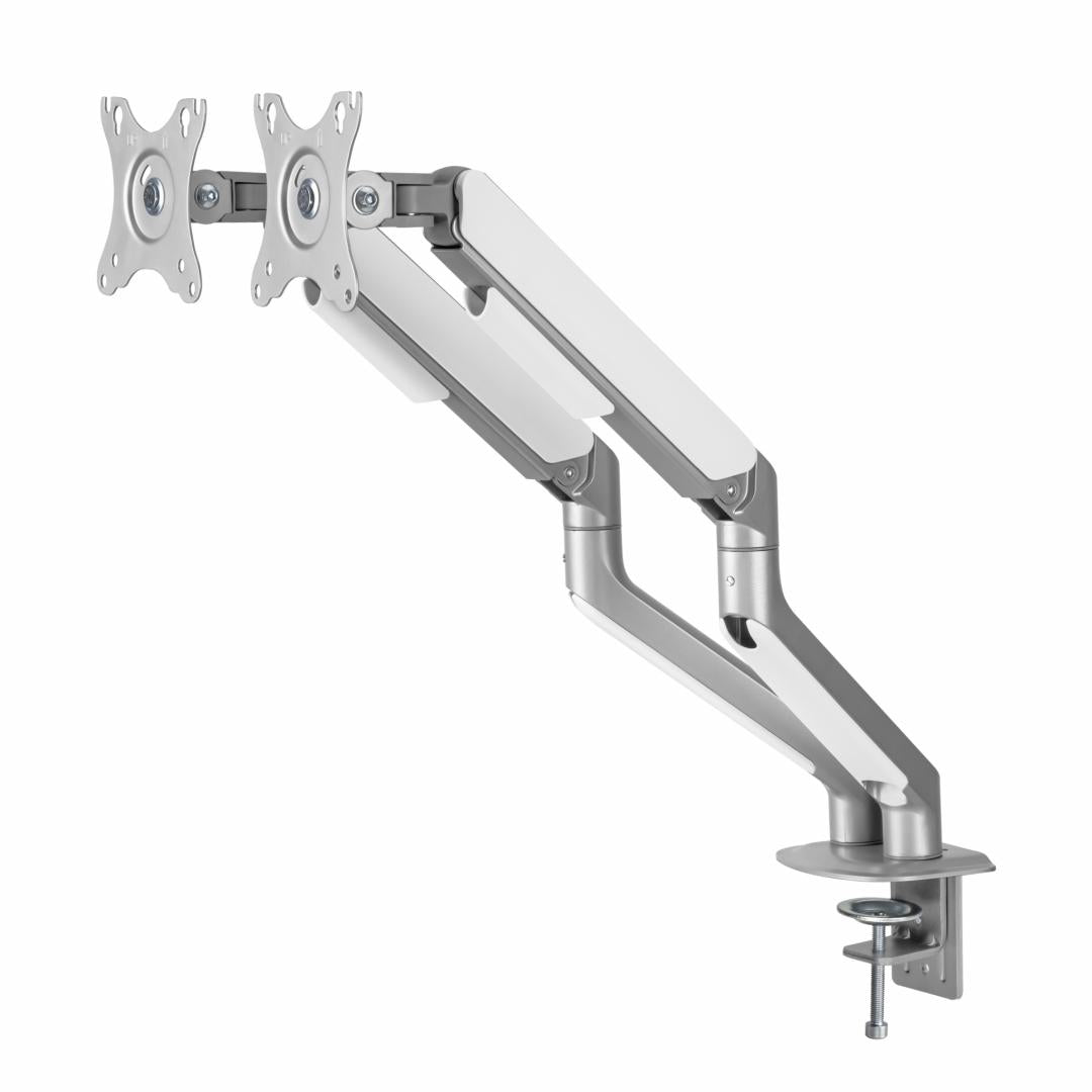 Suport 2 monitoare Serioux MM63-C024, arc cu gaz, compatibilitate dimensiune ecran 17"-32", greutate maximă suportata: (per ecran): 2~ 9kg, VESA: 75x75, 100x100, inclinare: +55°~-55°, pivotare: +90°~-90°, rotația ecranului: +180°~-180°