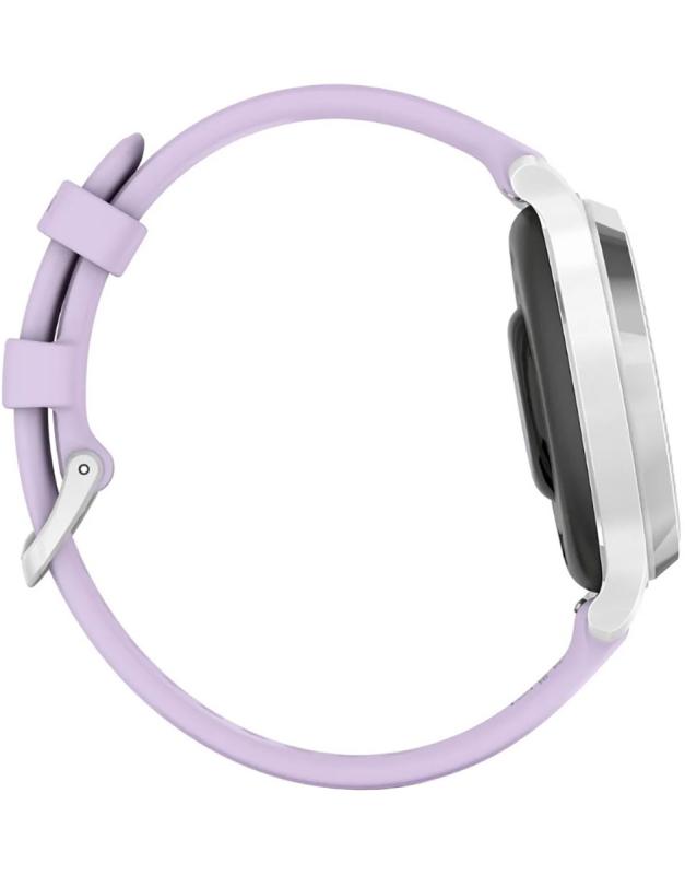 Ceas Garmin Lily 2 Active, display AMOLED, dimensiune afisaj 25,4 mm x 21,3 mm, rezolutie afisaj 240 x 201 pixeli, memorie 8GB, autonomie pana la 9 zile, rezistanta la apa pana la 5 ATM, greutate: 24,4g, ramă Argintiu, şi curea Purple Jasmine din silicon