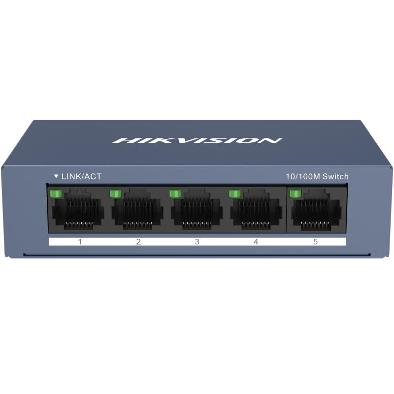 Switch Hikvision DS-3E0105-O: 5 × 10/100 Mbps RJ45 Port, tensiune alimentare 5 VDC, 1A., dimensiuni: 103.05 mm × 25.6 mm × 61.1 mm, greutate: 0.15kg, montare pe birou sau pe perete.