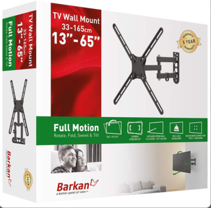 Suport perete LCD/Plasma plat/curbat Barkan, 13-65",3 miscari: Extension, Swivel,Tilt, VESA max. 400x400mm, max. 36Kg, negru