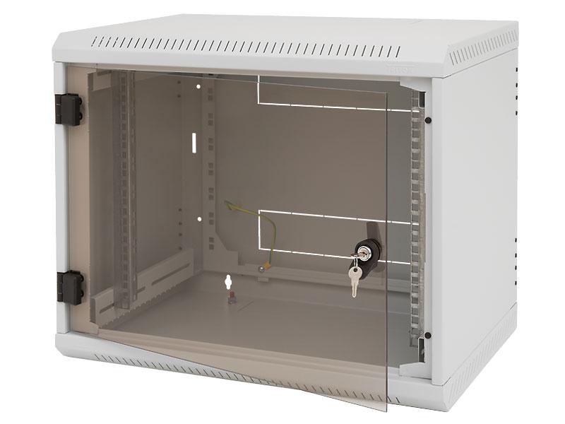 Rack de perete Triton sectiune simpla 6U 500mm adancime usa sticla panouri laterale fixe sectiuni ventilatie activa, sectiuni acces cabluri sus/jos/spate securizare cu cheie, 1 pereche montanti reglabili IP30 gri