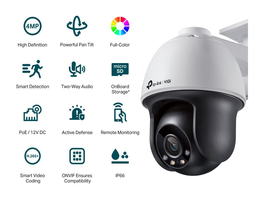 "TP-LINK VIGI 4MP Outdoor PAN/TILT Network Camera,VIGI C540(4mm), 1/3""Progressive Scan CMOS, obiectiv: 4mm, F1.6, unghi vizualizare Horizontal FOV: 79°, Vertical FOV: 43°, Diagonal FOV: 93°distanta IR: 30mm, interfata : 1 x RJ45 10/100M. "