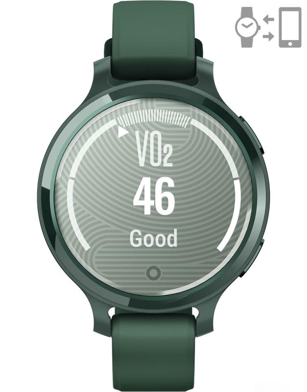 Ceas Garmin Lily 2 Active, display AMOLED, dimensiune afisaj 25,4 mm x 21,3 mm,rezolutie afisaj 240 x 201 pixeli, memorie 8GB, autonomie pana la 9 zile, rezistanta la apa pana la 5 ATM, greutate: 24,4g, ramă Jasper Green şi curea Jasper Green din silicon