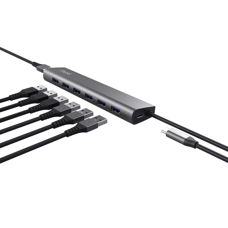 Hub Trust Halyx , 7 porturi USB 3.2 Gen 1, material aluminiu, input USB- C, output USB-A 7, gri