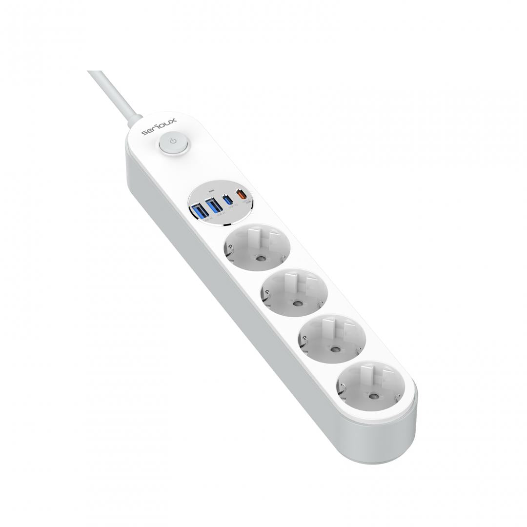 Prelungitor cu protectie Serioux SRXP-PS44W, 4 prize schuko, Tensiune intrare: 100-240V, 50-60Hz, Tensiune ieşire (total): 2500W-10A, 4 porturi USB (auto max), USB-C1-20W si USB-C2/A1/A2-12W, Amperaj port USB (max): 3.4A, Funcţie auto ID