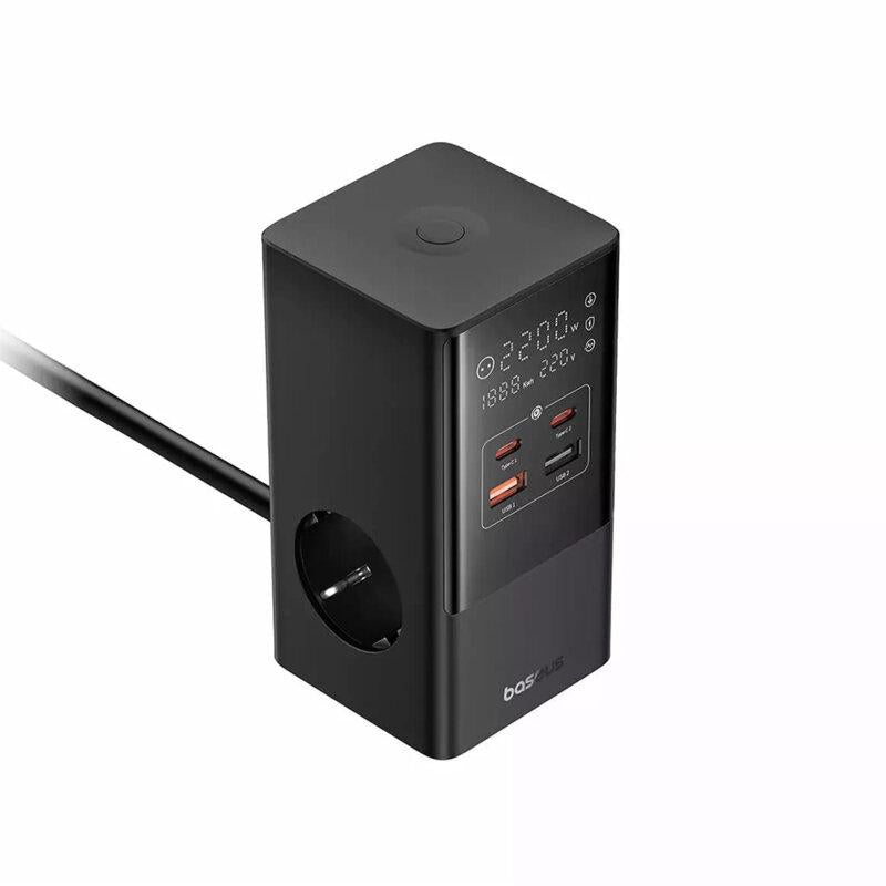 Incarcator retea Baseus PowerCombo Tower Digital Powerstrip, Quick charge 35W, 4 porturi iesire, lungime cablu 1.5m, negru