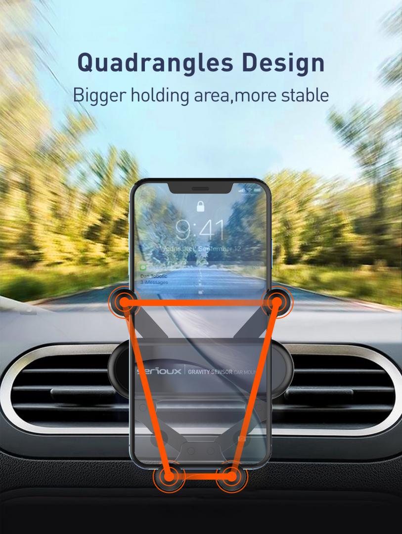 Suport auto telefon Gravity Serioux CH04, Material: ABS, Mod de instalare: tip cataramă, poziție fixă: aerisire, culoare: negru, potrivit pentru: telefon mobil