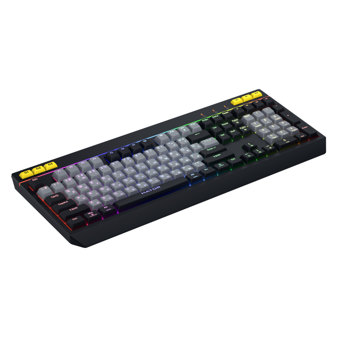 Tastatura mecanica cu fir Hator Icefall, conectivitate USB, polling rate 1000Hz, iluminare RGB pentru 8 zone diferite, tip switch membrana, material taste ABS cu gravare laser si acoperire UV, alb-negru