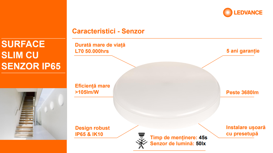 Plafoniera LED pentru baie cu senzor de miscare Ledvance SURFACE SLIM ROUND 200, 19W, 2000 lm, lumina neutra (4000K), IP65/IK10, Ø200x55mm, Alb