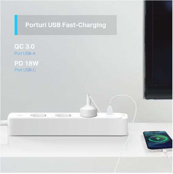 TP-Link SMART WI-FI SOCKET TAPO P300, Protocol: IEEE 802.11b/g/n, Bluetooth 4.2, 2.4 GHz, Cerințe de sistem, Android 5 sau mai recent, iOS 10 sau mai recent, Dimensiuni: 268*55*40mm, cablu de 1.5m, voltaj maxim: 2300W, 10A, 3 prize, 2 x USB.