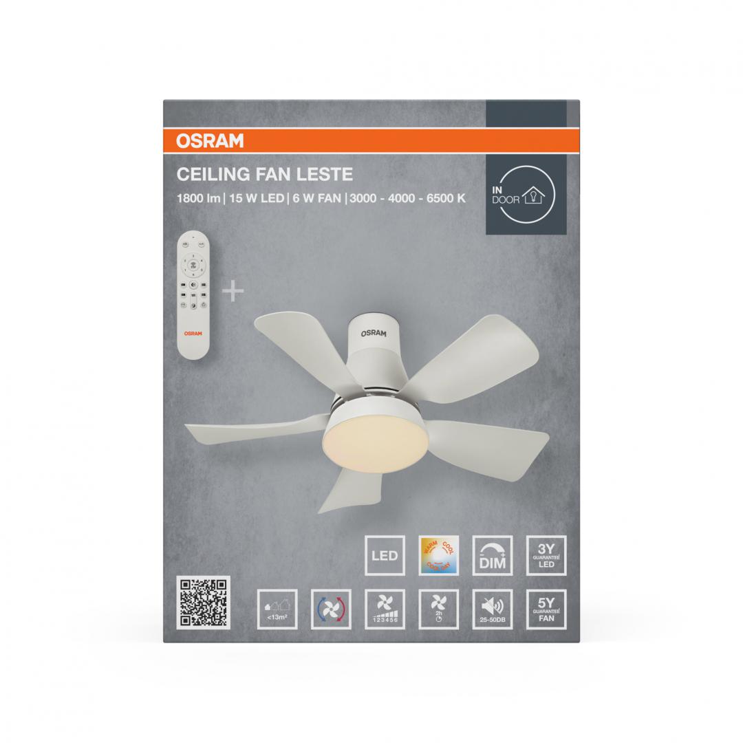 Plafoniera LED CCT cu ventilator Osram Leste cu Telecomanda, 21W, 1800lm, lumina alba (3000-4000-6500K), dimabila, IP20, max 600 m³/h, timer 2h-4h-8h Alb