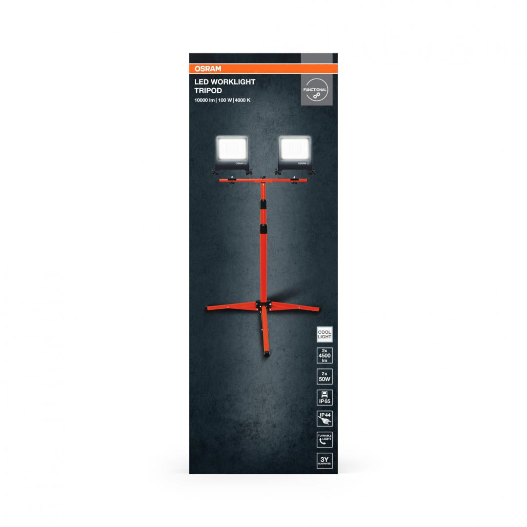 2 Proiectoare LED (lampa de lucru) cu stativ OSRAM Worklight Tripod,2x50W, 220-240V, 2x4500 lm, lumina neutra(4000K), IP65/IK06/IP44,inaltime ajustabila 1.8m, Aluminiu
