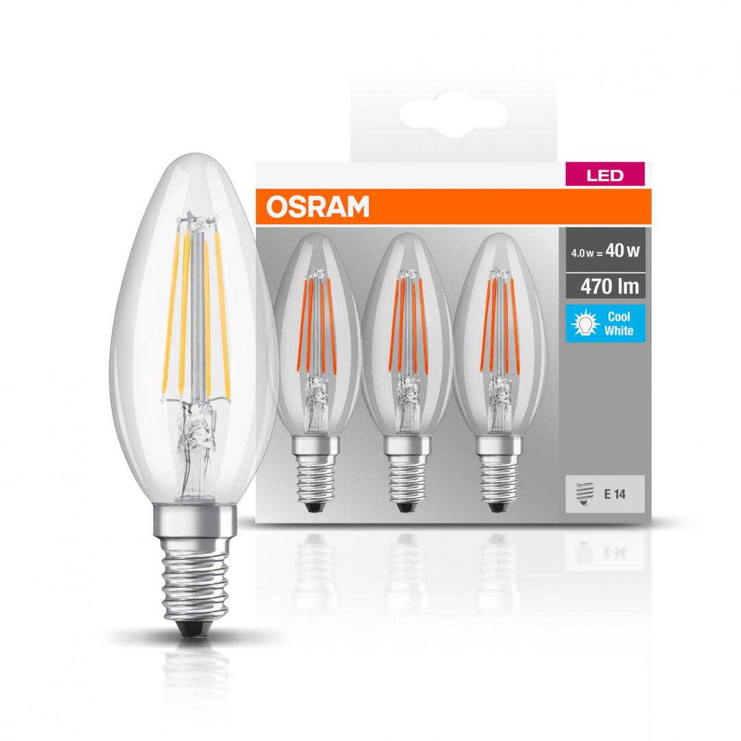 3 Becuri LED Osram Base Classic B, E14, 4W (40W), 470 lm, luminaneutra(4000K), cu filament