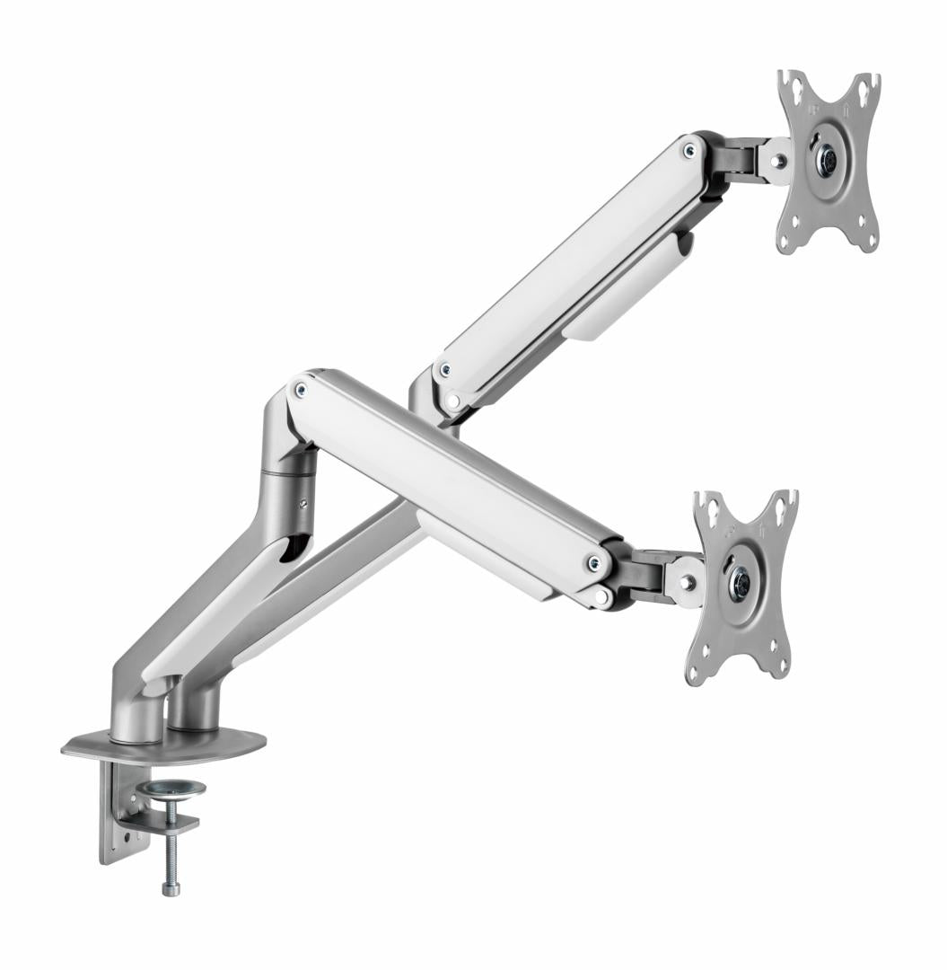 Suport 2 monitoare Serioux MM63-C024, arc cu gaz, compatibilitate dimensiune ecran 17"-32", greutate maximă suportata: (per ecran): 2~ 9kg, VESA: 75x75, 100x100, inclinare: +55°~-55°, pivotare: +90°~-90°, rotația ecranului: +180°~-180°