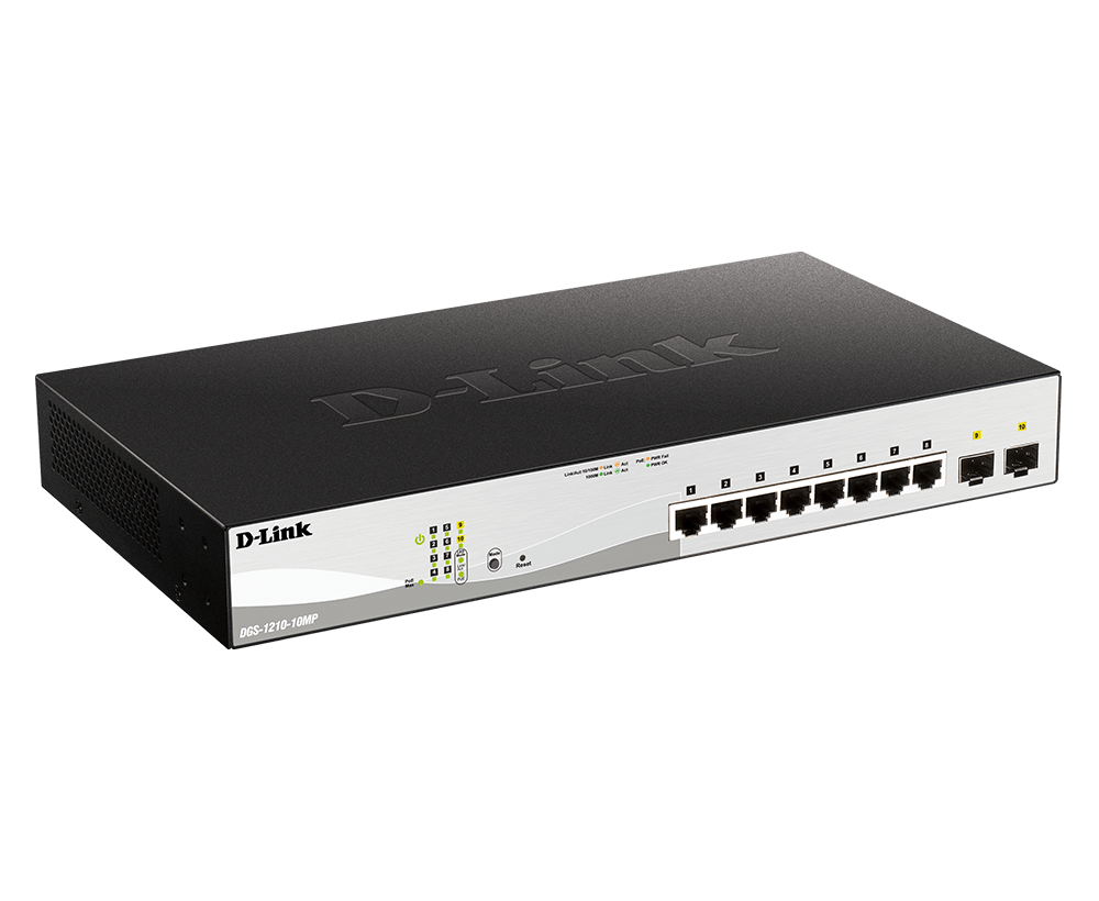D-Link Switch 10 porturi POE smart maaged DGS-1210-10MP, Interfata: 8 x 10/100/1000Mbps, 2 x100/1000 SFP, Capacitate switch: 20 Gbps, Memorie: 128Mb DDR3, Flash 32Mb, Auto MDI/MDIX, Buget POE: 130W, Dimensiuni: 330 x 180 x 44 mm, Greutate: 1.77kg.