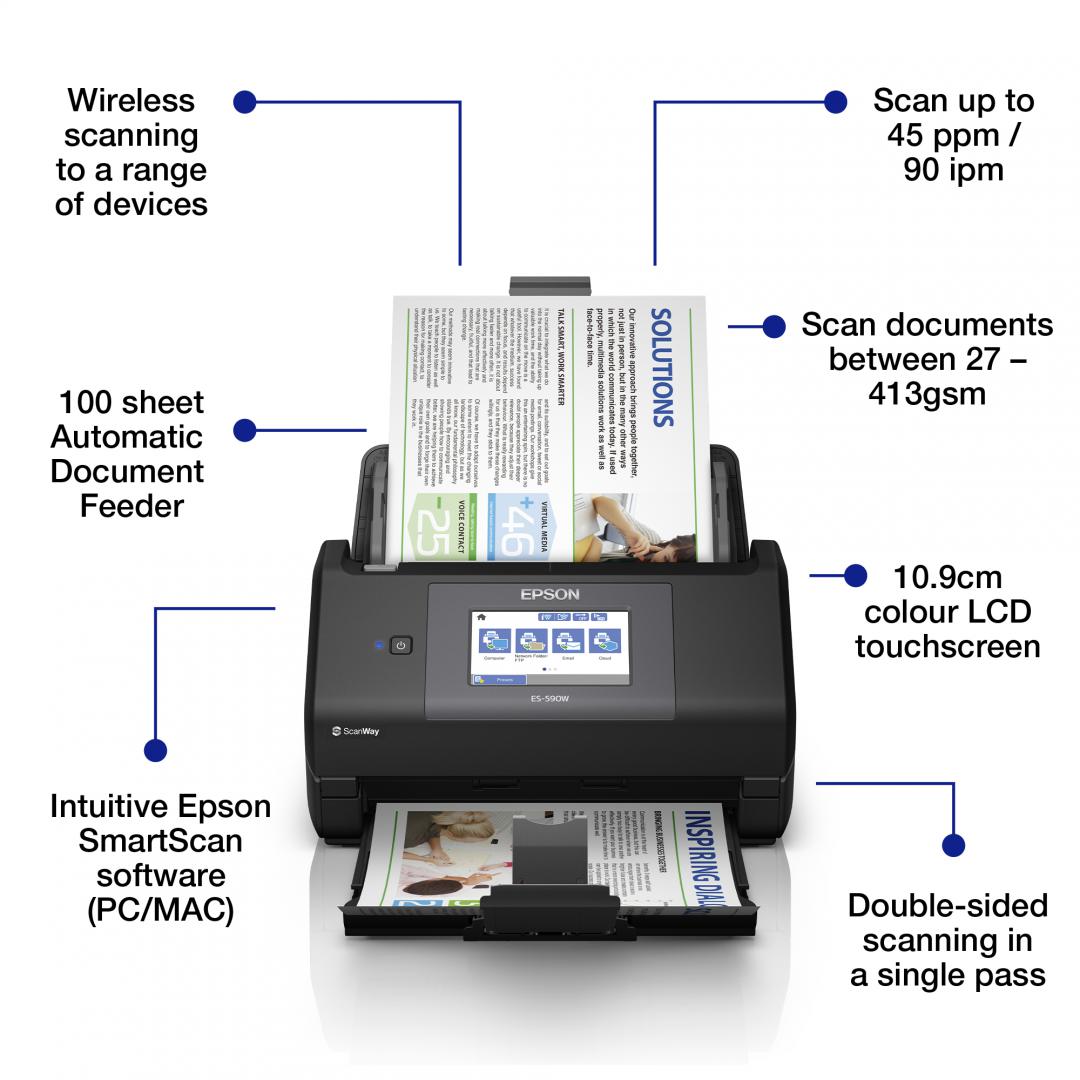 Scanner Epson WorkForce ES-590W, A4, Automat, Sheetfed, USB + WLAN + LAN