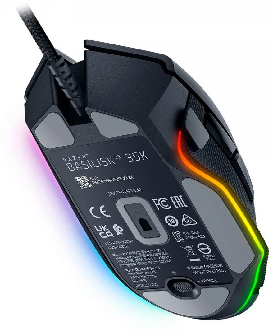 Razer Basilisk V3 35K, cu fir, rezolutie maxima 35000 DPI, 11 butoane programabile, iluminare Razer Chroma™ RGB, senzor Focus Pro 35K Optical Sensor Gen-2, negru