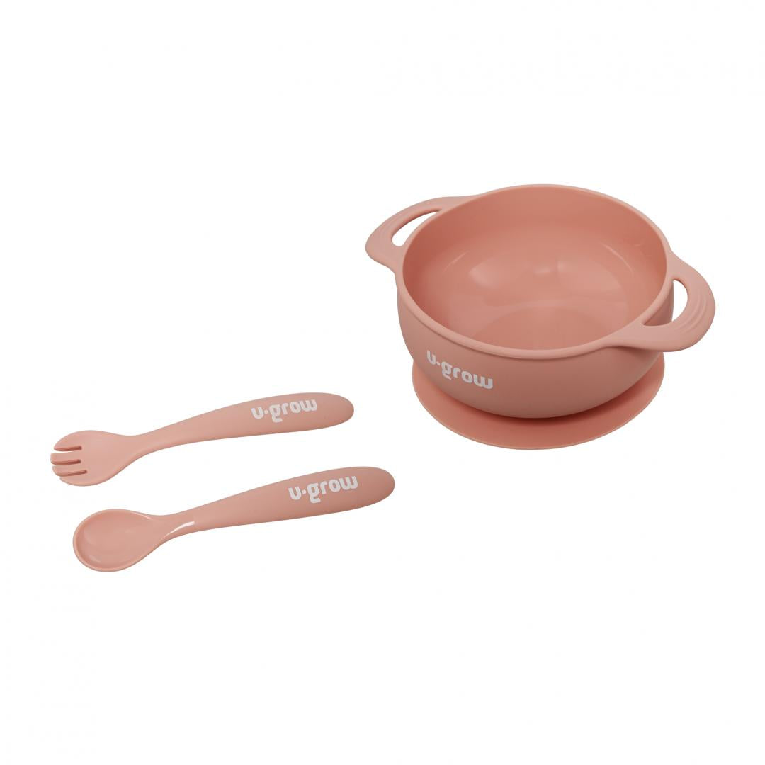 Set bol cu lingurita si furculita silicon, roz, U-Grow