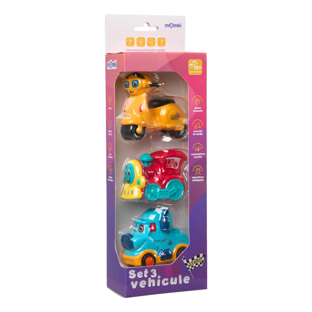SET 3 VEHICULE ACTIONATE PRIN INERTIE- MASINUTA ALBASTRA, TREN ROSU, SCUTER GALBEN,MOMKI