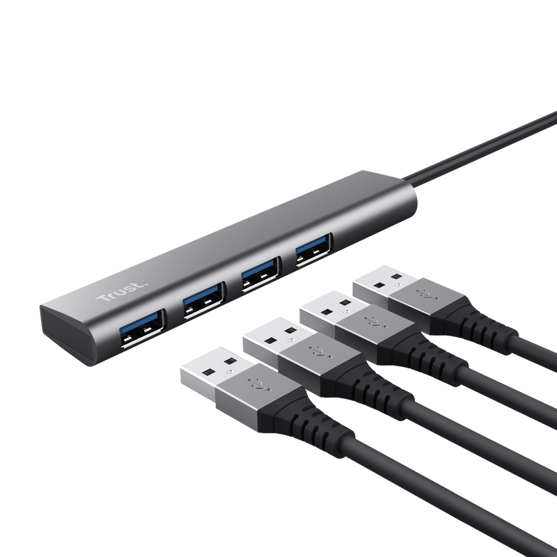 HUB USB Trust Halyx, USB-C la 4 x USB-A 3.2 Gen 1, dimensiune cablu 10cm, din aluminiu, argintiu