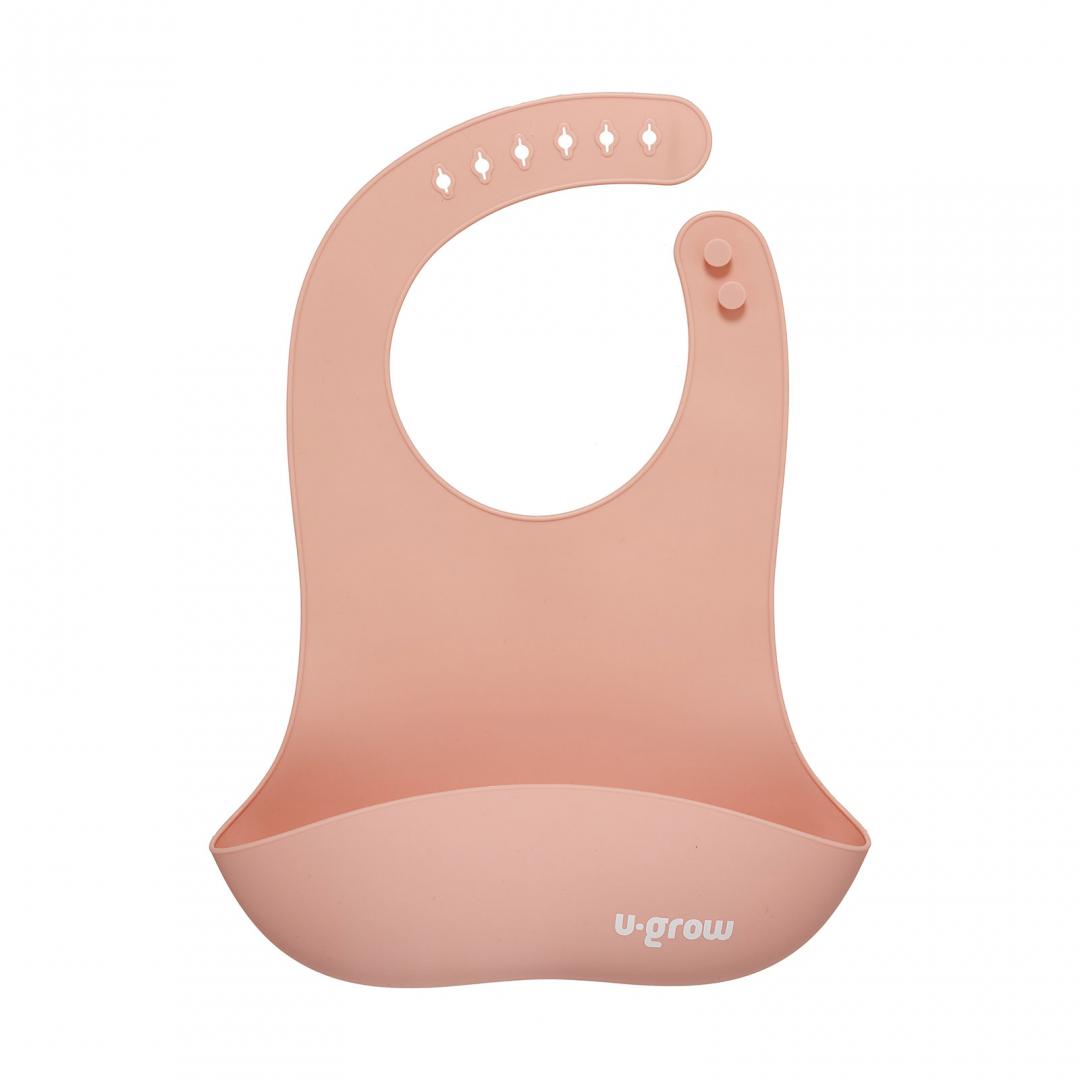 Set diversificare 5 piese silicon : baveta, bol, farfurie, lingurita si furculita, roz, U-Grow