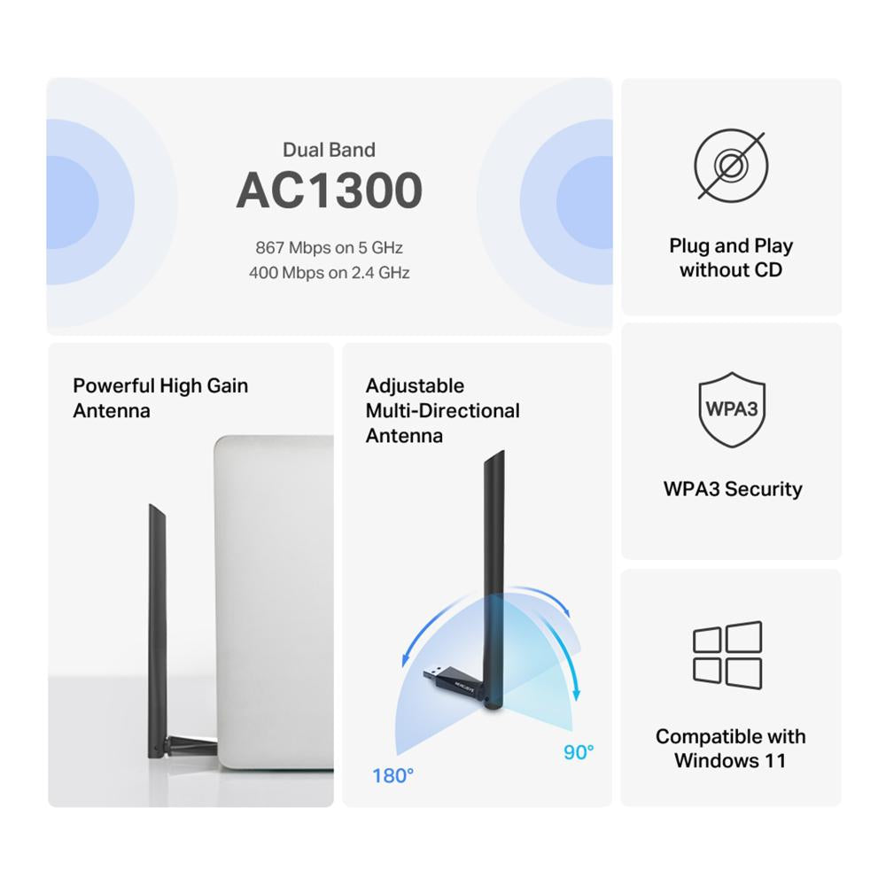 Adaptor Mercusys USB Dual Band High Gain AC1300, Standarde Wireless: IEEE 802.11 a/n/ac 5 GHz, IEEE 802.11 b/g/n 2.4 GH, Rata semnal: 5 GHz 867 Mbps, 2.4 GHz 400 Mbps, Interfata: USB 2.0, 1 antenă externă High Gain 5dBi.