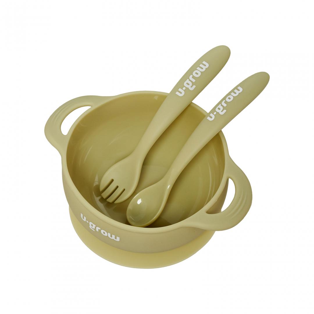 Set bol cu lingurita si furculita silicon, olive,U-Grow